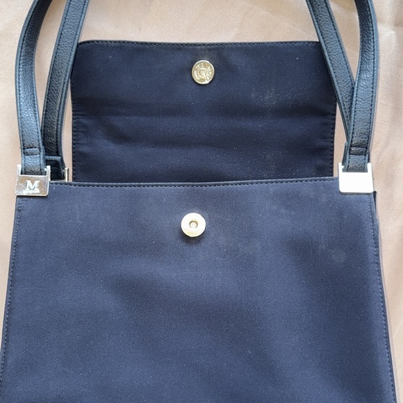 Mondani Navy Peau De Soie Fabric & Leather Structured Sections Bag Silver Accent - Picture 12 of 13